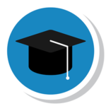 Clipart of a black graduation cap on a blue circle background and light gray shadow.